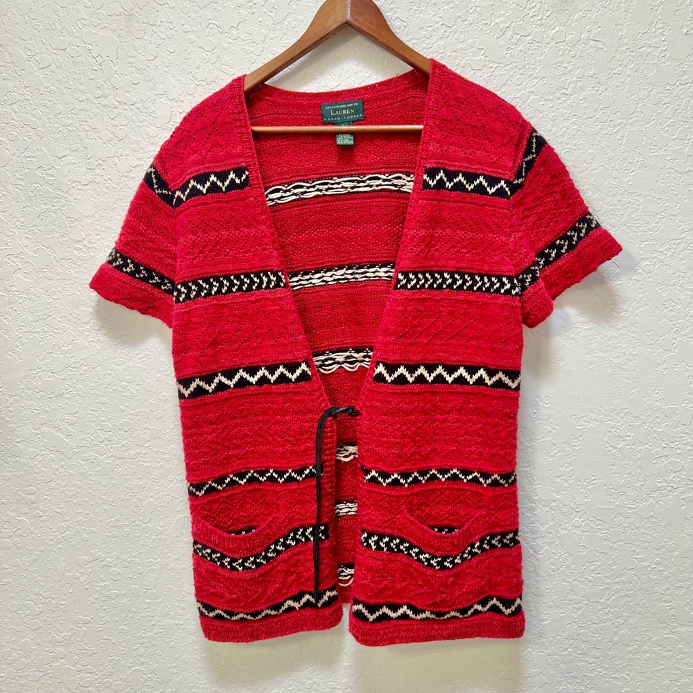 Lauren Ralph Lauren Red Hand Knit Linen Cotton Southwest Short Sleeve Cardigan L